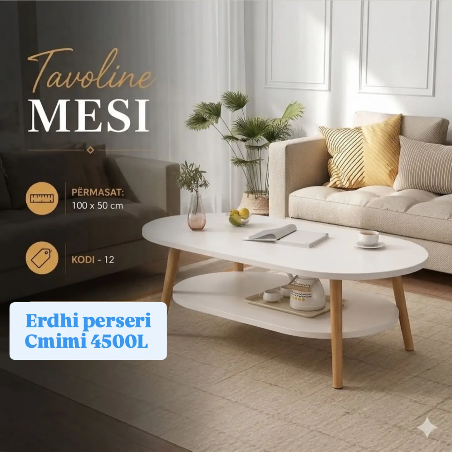Tavolinë mesi ovale me dy nivele, 100 × 50 cm