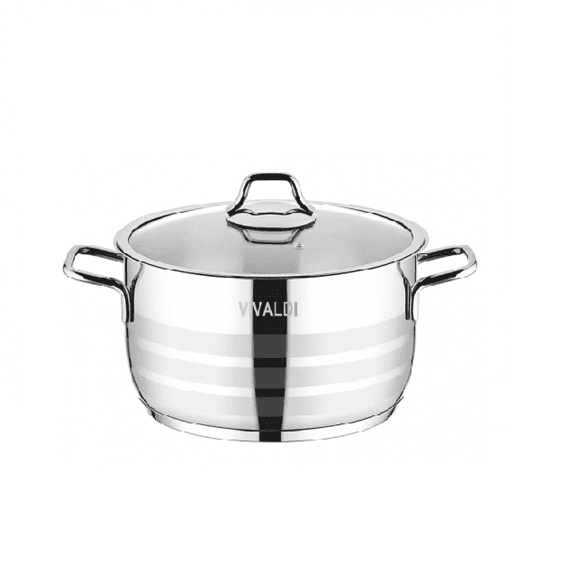 Tenxhere Inoksi 26cm VIVALDI Aster 8.2L – Çelik 18/10, Bazë 3 Shtresa, Kapak Qelqi