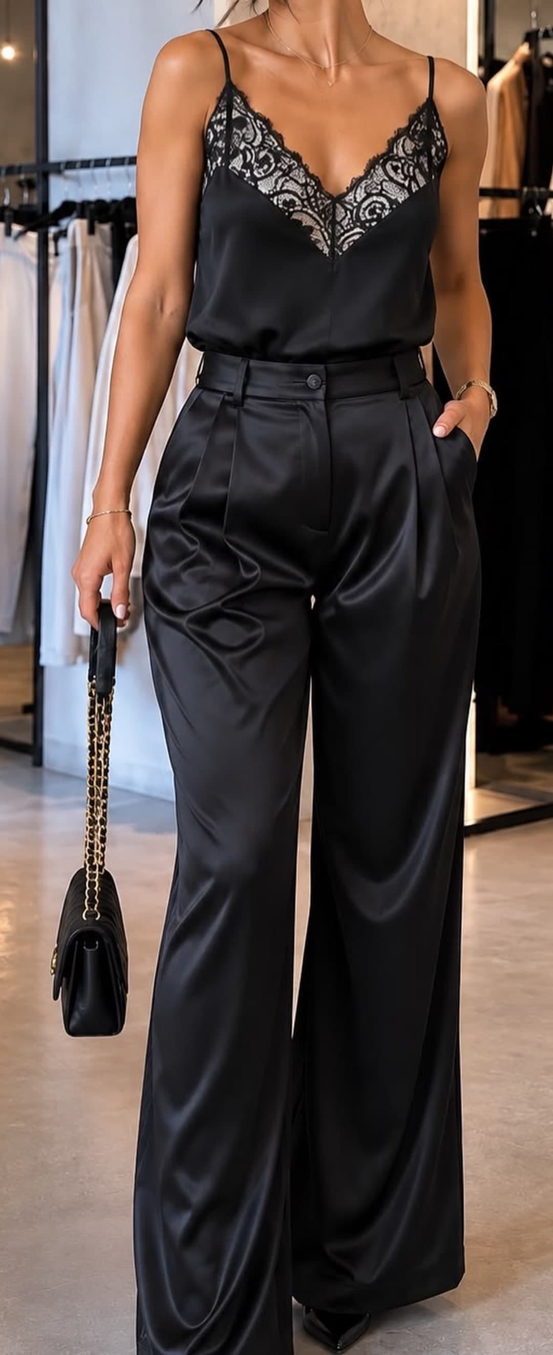 Set satin me top me dantellë dhe pantallona të gjera
