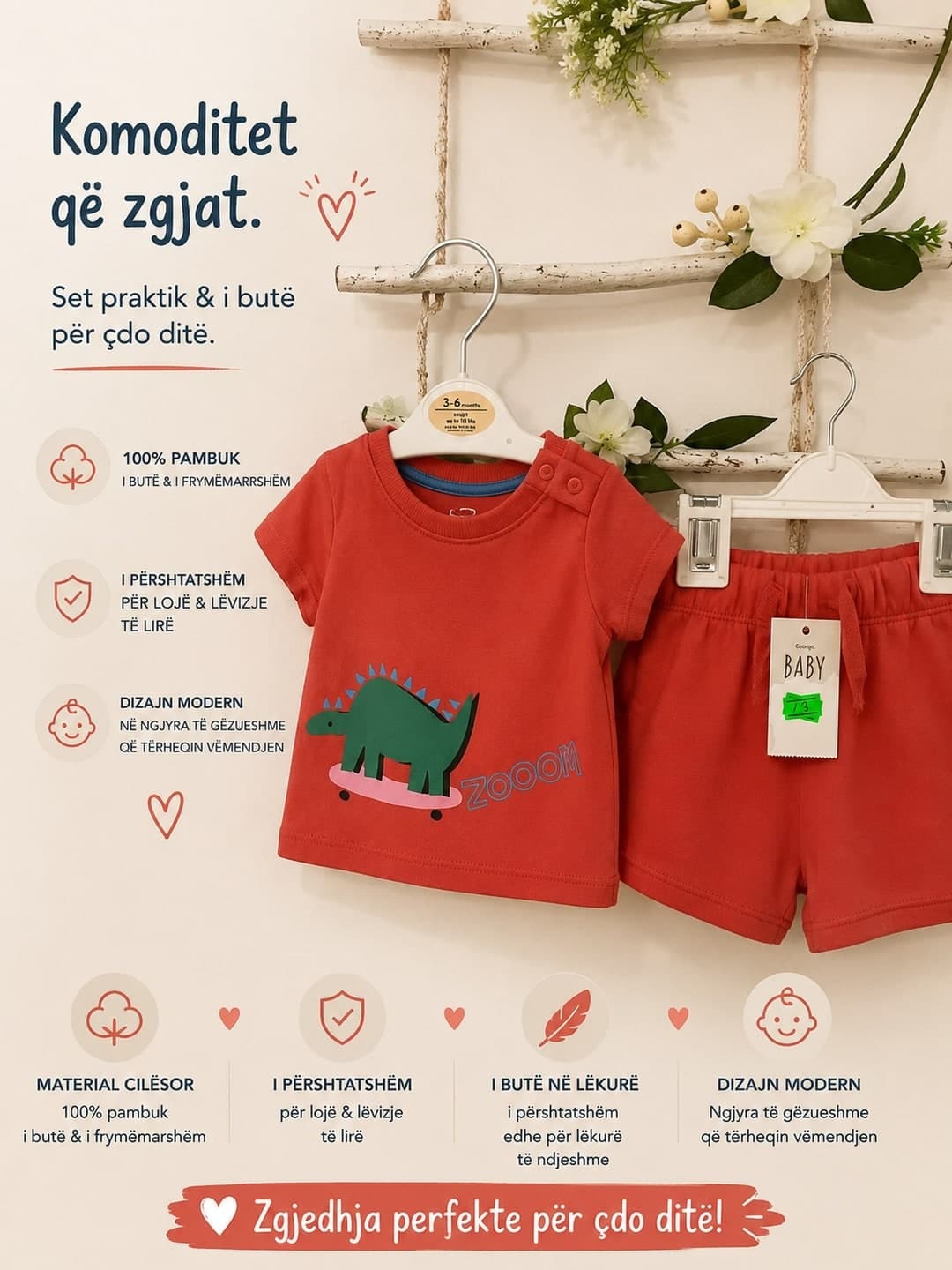 Set veror me dinozaur – bluzë dhe pantallona të shkurtra