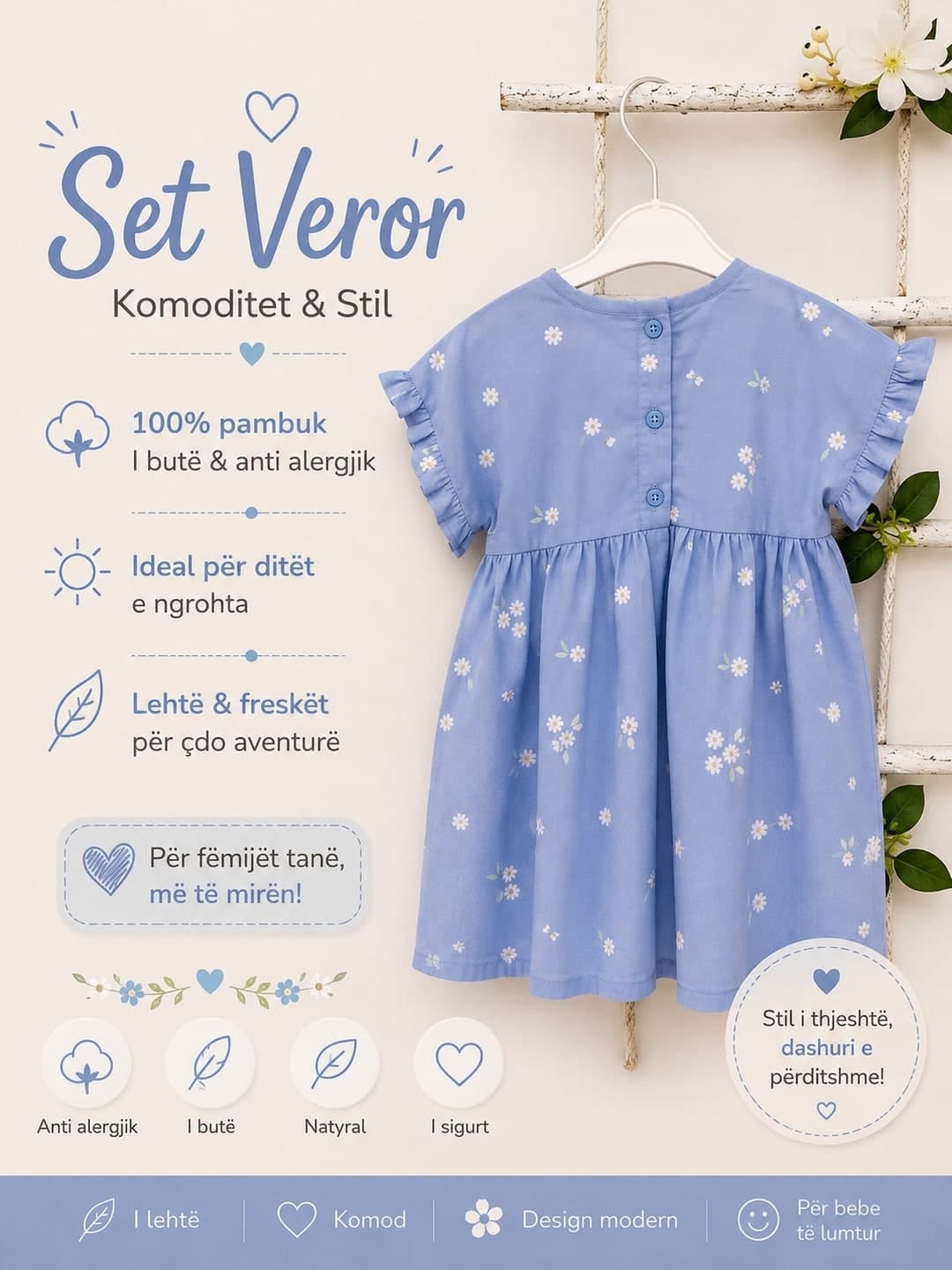 Fustan veror blu me lule të vogla