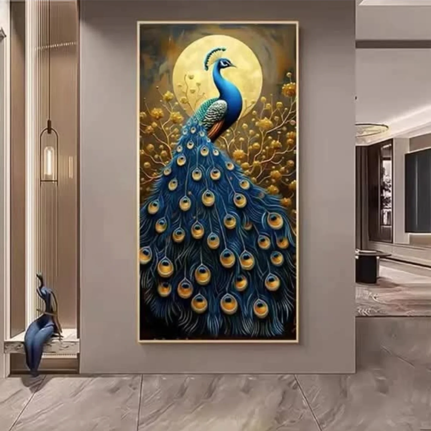 Pikturë me pallua, blu dhe e verdhë, me kornizë ari, 120 × 60 cm