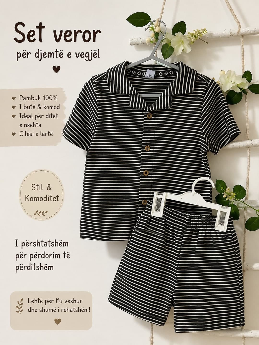 Set polo me vija dhe pantallona të shkurtra për djem
