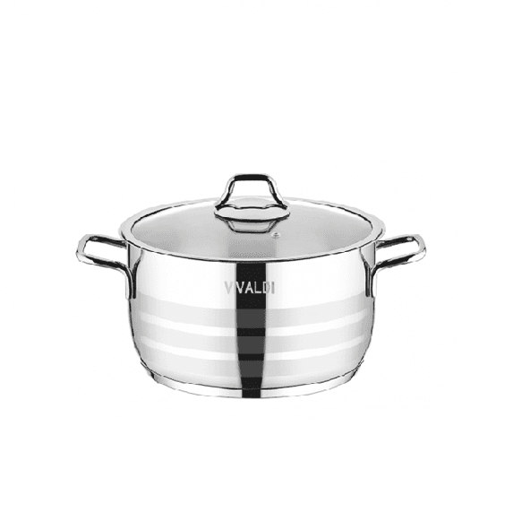 Tenxhere Inoksi 24cm VIVALDI Aster 6.3L – Çelik 18/10, Bazë 3 Shtresa, Kapak Qelqi