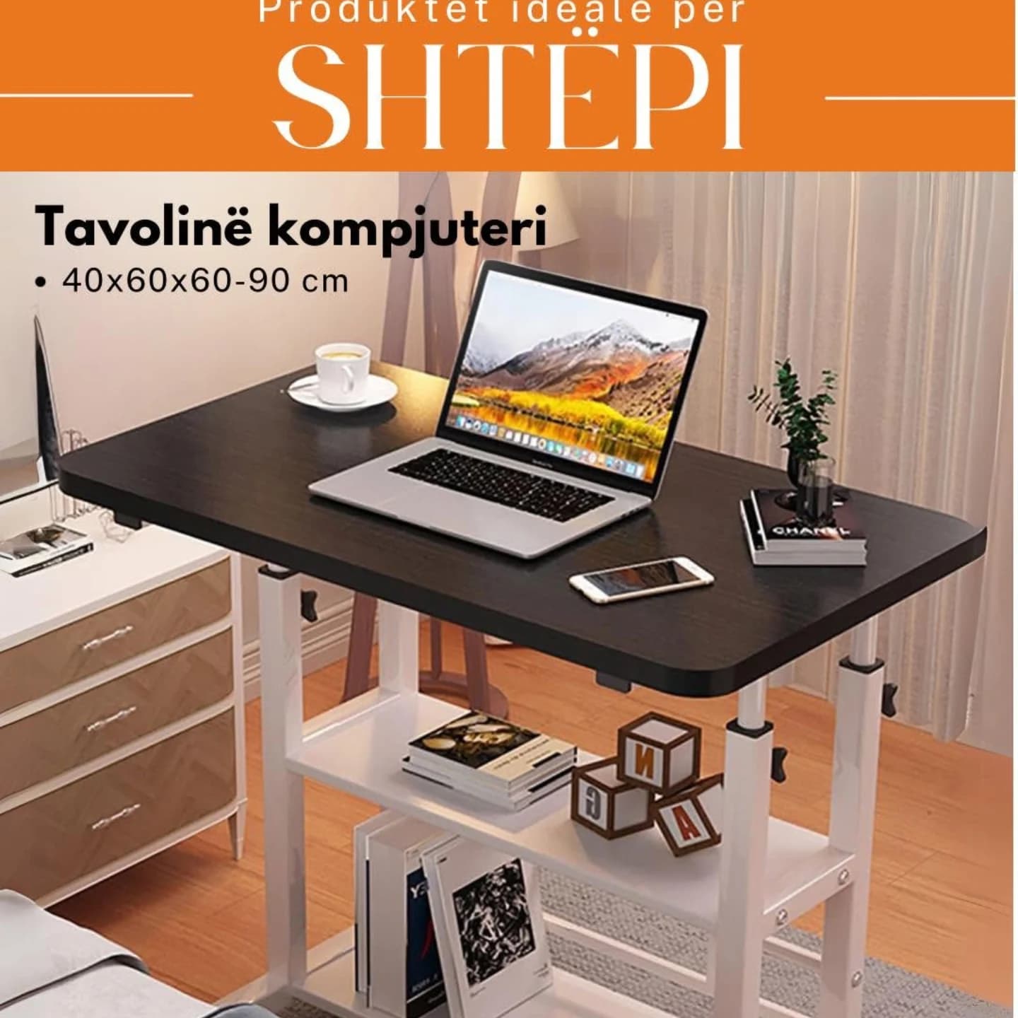 Tavolinë laptopi me lartësi të rregullueshme dhe rrota, 40 × 60 cm