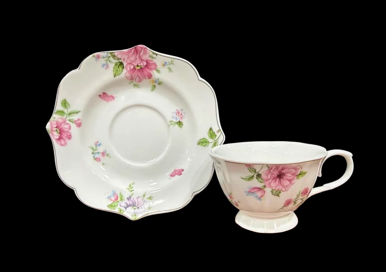 Filxhan Porcelani me Lule Rozë | Set Filxhani dhe Pjatë